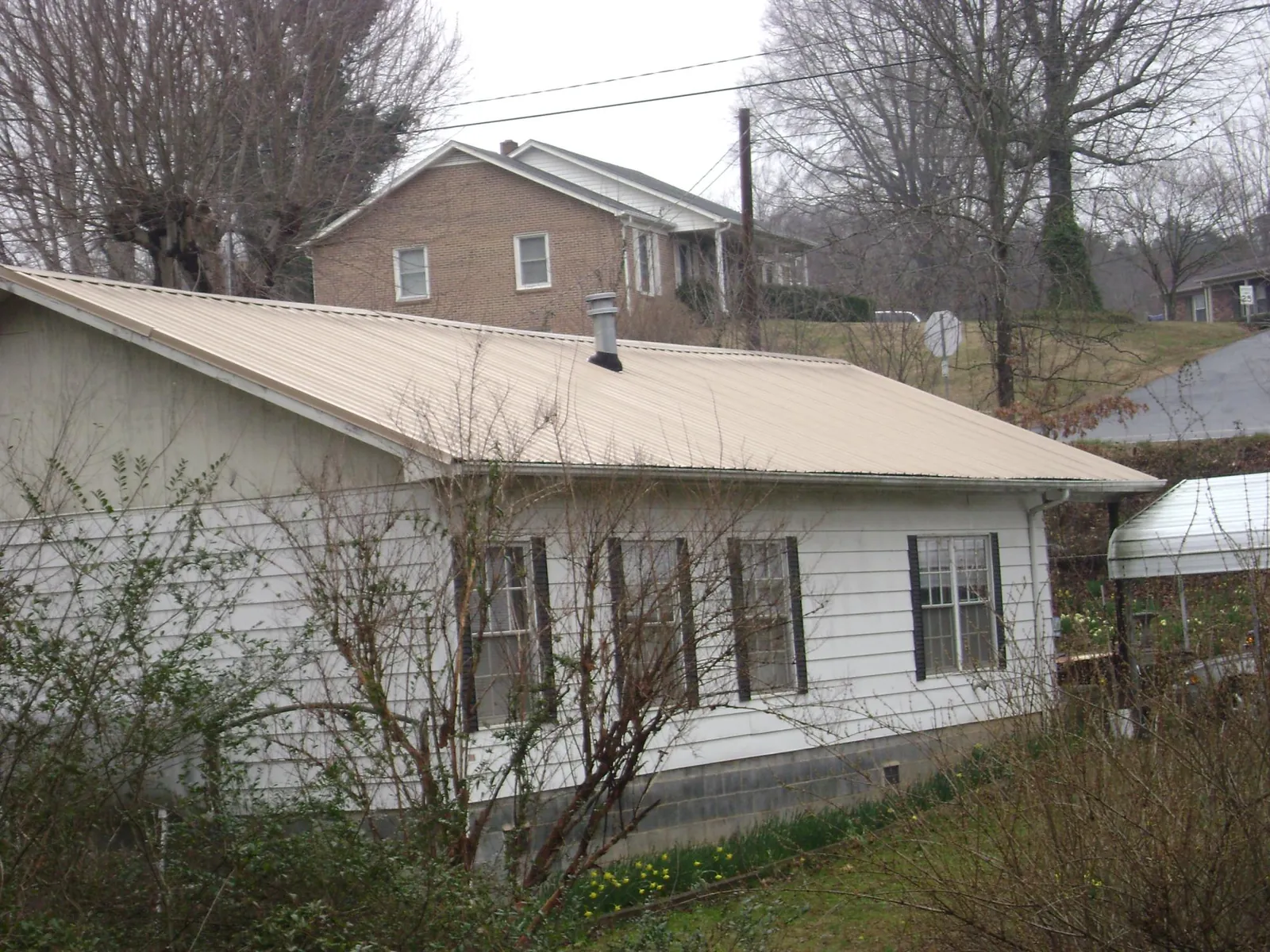 Tan metal roof on a white sided house set into a hillside — Commercial Roofing by Roofing Brothers in Dewitt